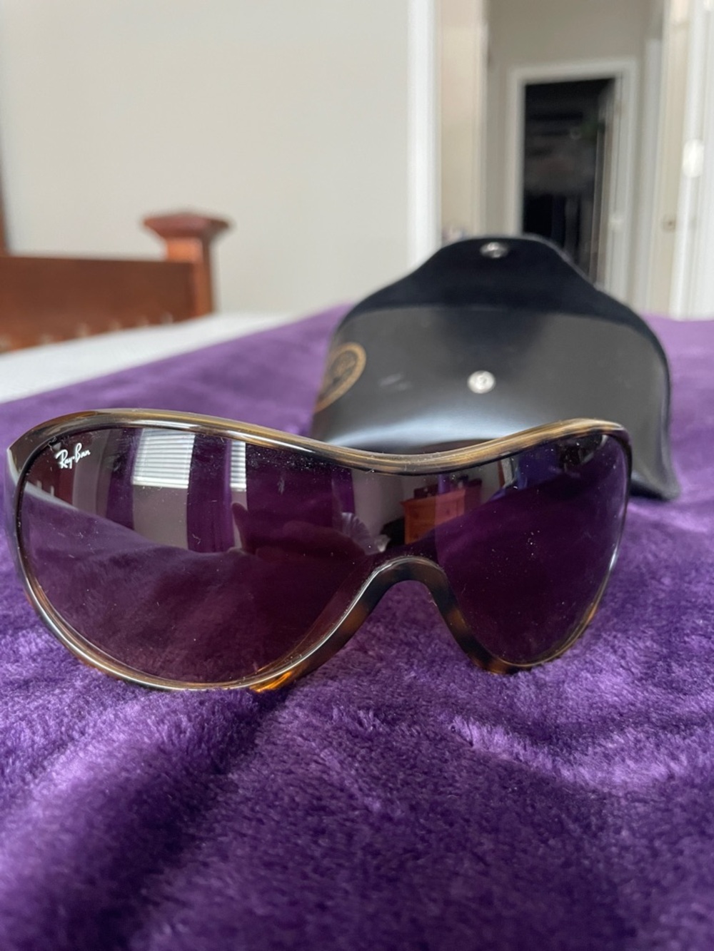 Ray-Ban Women's Tortoiseshell Wrap Sunglasses with Purple Lenses